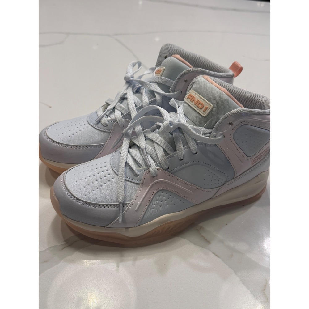 AND1 High Top Basketball Sneakers Womens 7.5 Blue Grey Peach Gum Sole